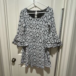 My Michelle Blackish Gray and White Ruffled Bell Sleeve Dress size Medium